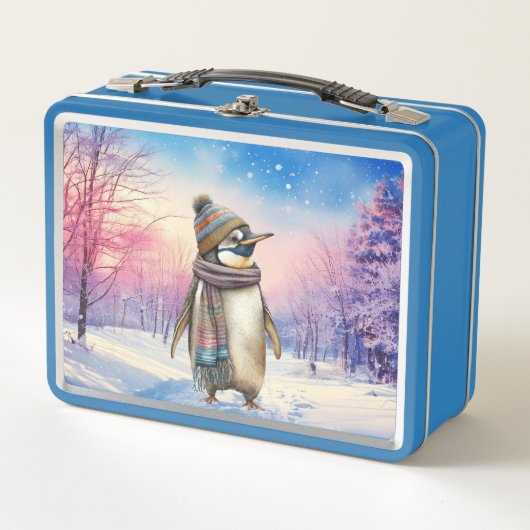 Penguin in a snowy landscape Merry Christmas メタルランチボックス (正面)
