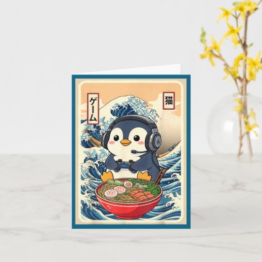 Penguin Kawaii Japanese Ramen Noodle Retro Gaming  カード (黄色い花)