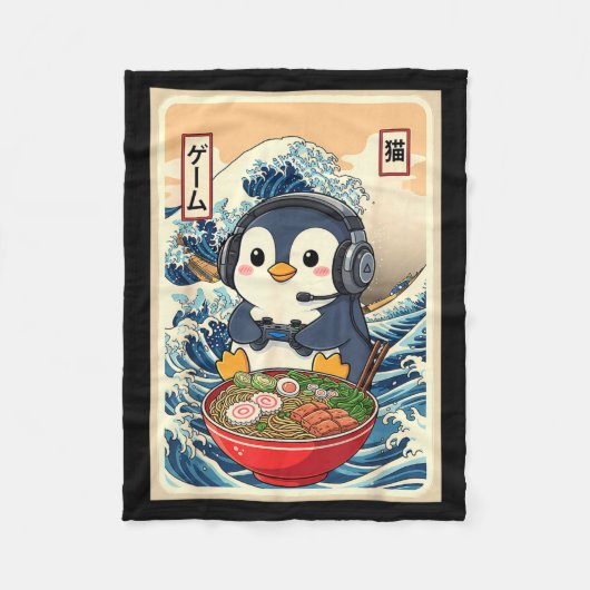 Penguin Kawaii Japanese Ramen Noodle Retro Gaming  フリースブランケット (正面)
