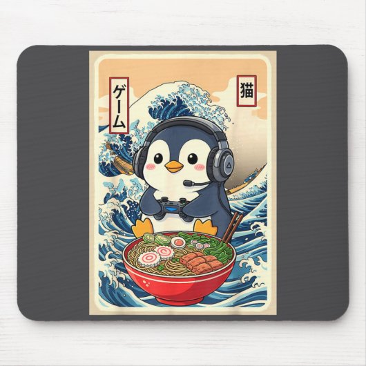 Penguin Kawaii Japanese Ramen Noodle Retro Gaming  マウスパッド (正面)