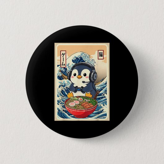 Penguin Kawaii Japanese Ramen Noodle Retro Gaming  缶バッジ (正面)