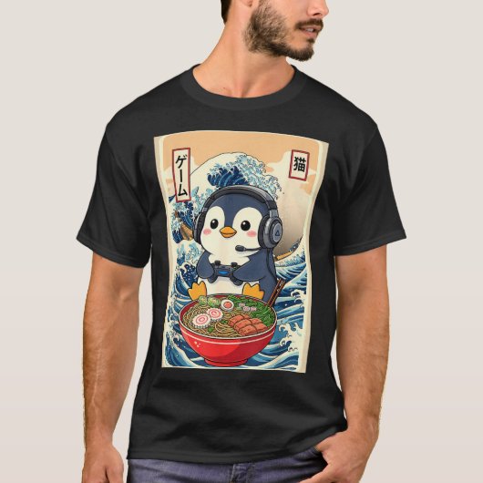Penguin Kawaii Japanese Ramen Noodle Retro Gaming  Tシャツ (正面)