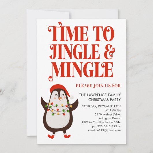 Penguin Lights Jingle Mingle Christmas Party 招待状 (正面)