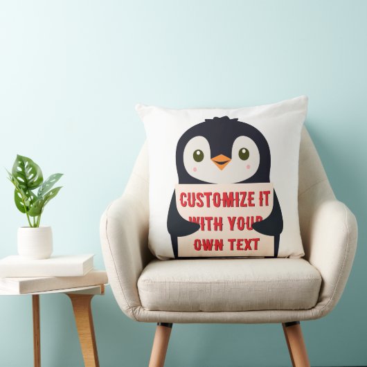 Penguin mascot holding a sign for custom text クッション (椅子)