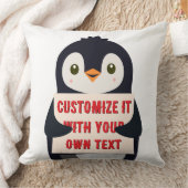 Penguin mascot holding a sign for custom text クッション (ブランケット)