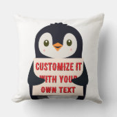 Penguin mascot holding a sign for custom text クッション (正面)
