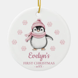 Penguin Personalized Girl's First Christmas セラミックオーナメント