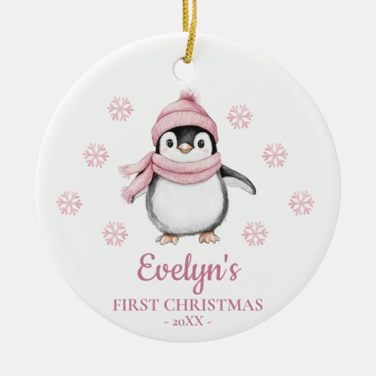 Penguin Personalized Girl's First Christmas セラミックオーナメント (正面)