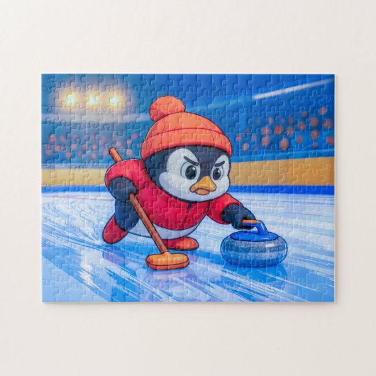 Penguin Playing Curling on an Icy Winter Rink ジグソーパズル (横)