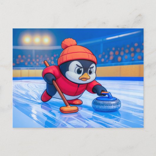 Penguin Playing Curling on an Icy Winter Rink ポストカード (正面)