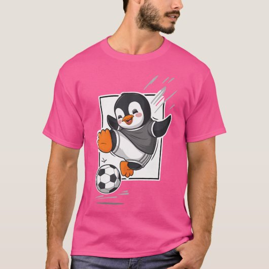 Penguin Playing Soccer Kicking Football Cute Carto Tシャツ (正面)
