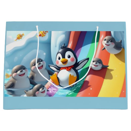 Penguin plays on a slide ラージペーパーバッグ (正面)