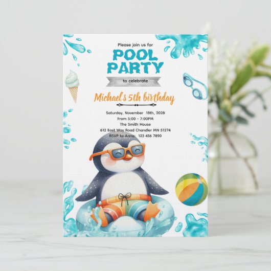 Penguin Pool Party Birthday Invitation 招待状 (スタンド正面)