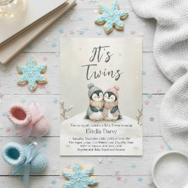Penguin Twins winter Baby Shower Boy Girl Neutral 招待状