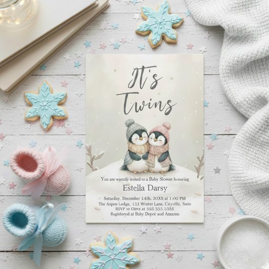 Penguin Twins winter Baby Shower Boy Girl Neutral 招待状