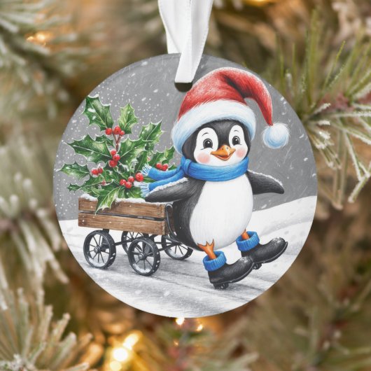 Penguin Wearing Santa hat Christmas Art オーナメント (ツリー)