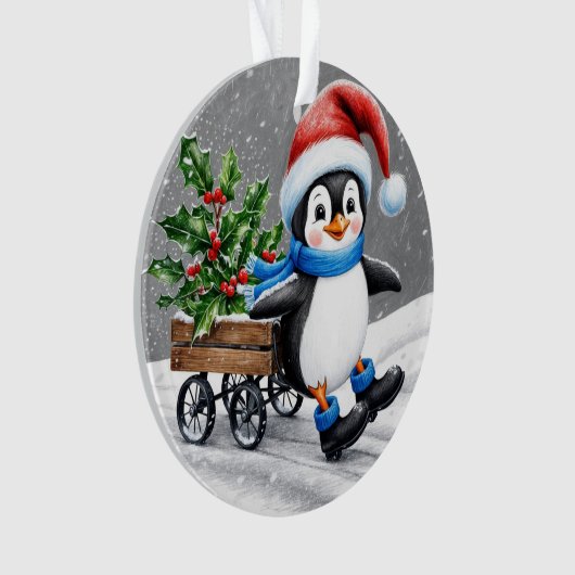Penguin Wearing Santa hat Christmas Art  オーナメント (正面)