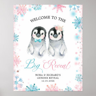 Penguin Winter Gender Reveal Welcome Sign Card ポスター