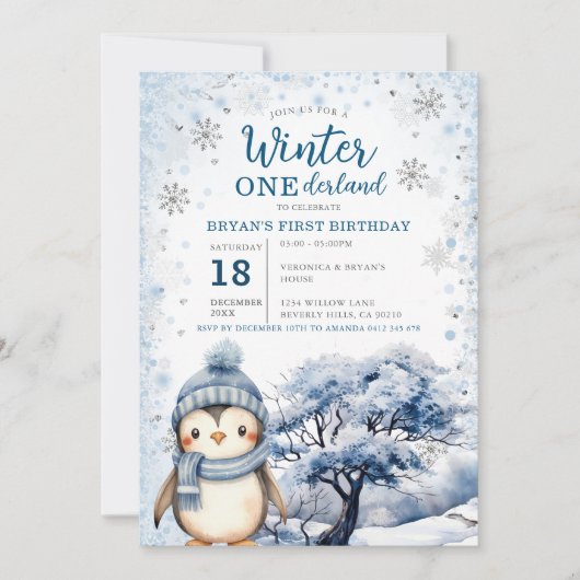 Penguin Winter Onederland Arctic Animals Birthday 招待状 (正面)