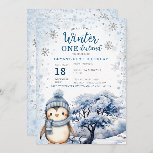 Penguin Winter Onederland Arctic Animals Birthday 招待状 (正面/裏面)