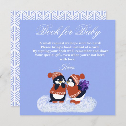 Penguin Winter Snow Birthday Baby Shower Book サンキューカード (正面/裏面)