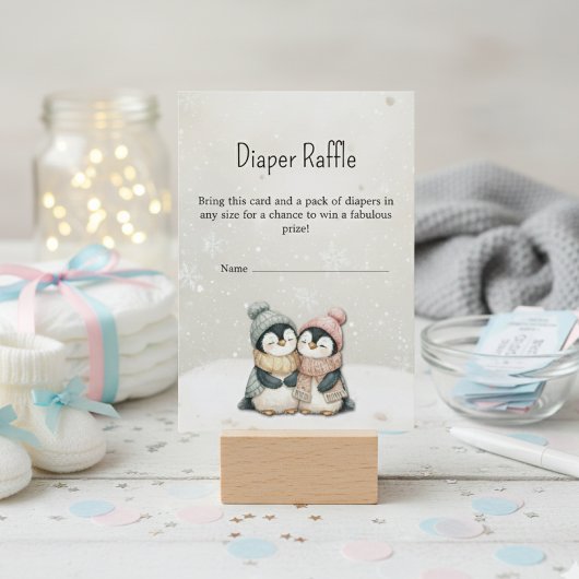 ​Penguin winter twin baby shower Diaper Raffle   エンクロージャーカード