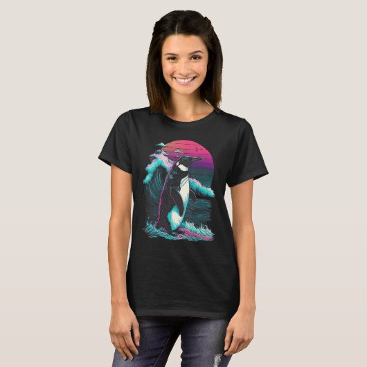 Penguin with a Retro Twist Sunset Vaporwave Aesthe Tシャツ (正面フル)
