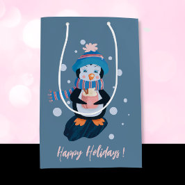 Penguin with Hot Cocoa Blue Holiday Gift Bag ミディアムペーパーバッグ