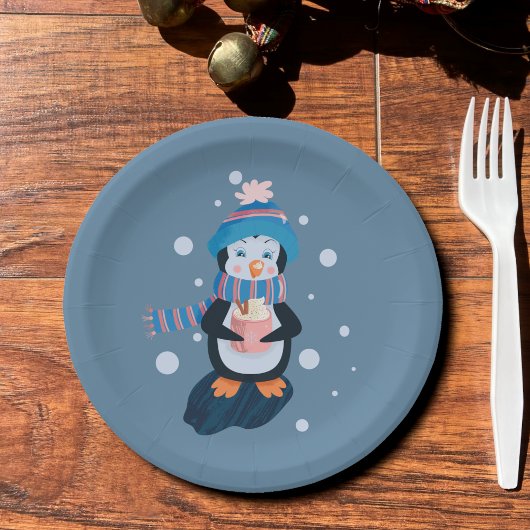 Penguin with Hot Cocoa Blue Holiday Paper Plate ペーパープレート