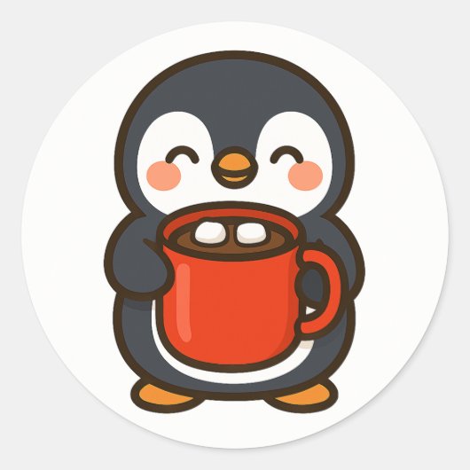 Penguin With Hot Cocoa – Cute Animal Sticker ラウンドシール (正面)