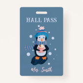 Penguin with Hot Cocoa Winter Blue Hall Pass Badge バッジ (正面)