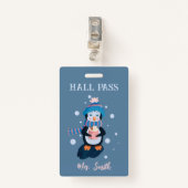 Penguin with Hot Cocoa Winter Blue Hall Pass Badge バッジ (正面クリップ)