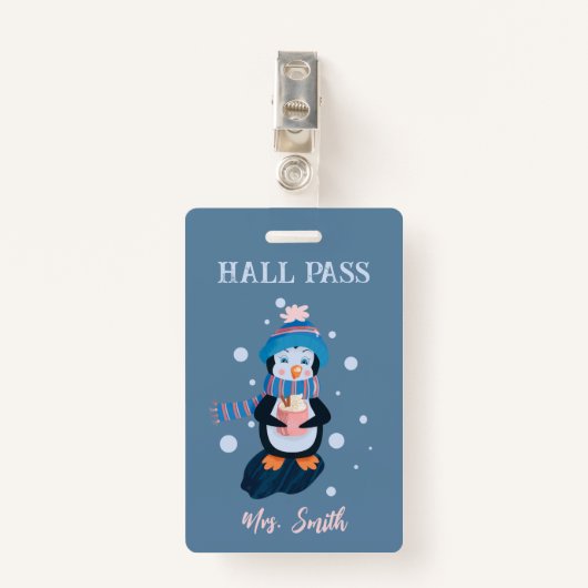 Penguin with Hot Cocoa Winter Blue Hall Pass Badge バッジ (正面クリップ)