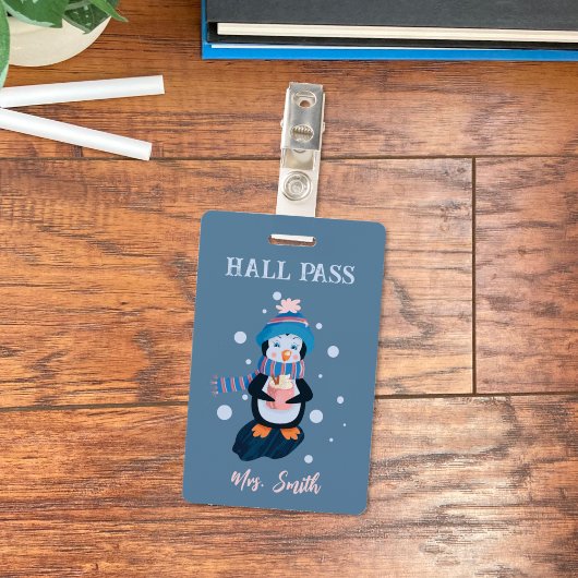 Penguin with Hot Cocoa Winter Blue Hall Pass Badge バッジ
