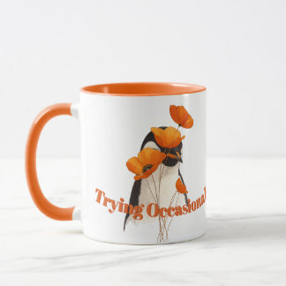 Penguin with Orange Poppy Flowers Botanical Art T- マグカップ