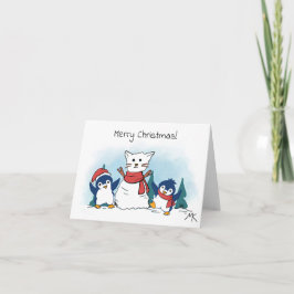 Penguins building a cat snowman winter シーズンカード