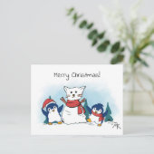 Penguins building a snowman christmas シーズンポストカード (スタンド正面)