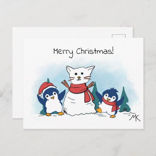 Penguins building a snowman christmas シーズンポストカード (正面/裏面)
