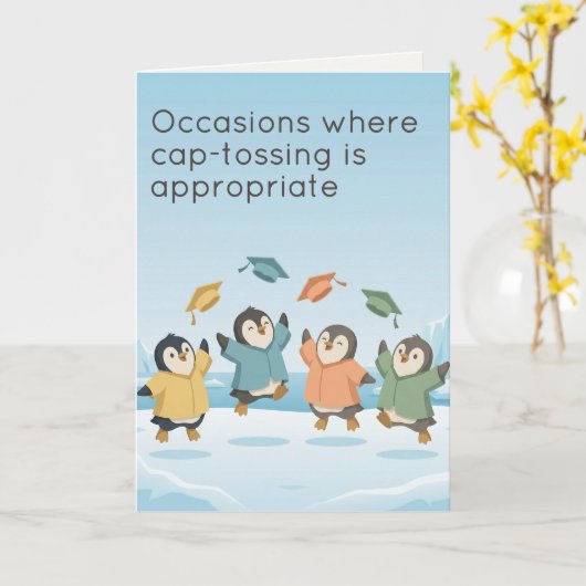 Penguins Celebrating Graduation | Dry Humour カード (黄色い花)