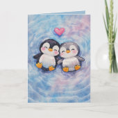 Penguins Float In Love Sweet Watercolor Valentine カード (正面)