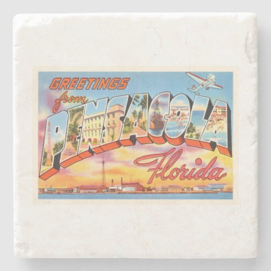 PensacolaフロリダFLの古いヴィンテージ旅行記念品 ストーンコースター (正面)