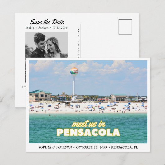 Pensacola Save the Date Retro Wedding Postcard ポストカード (正面/裏面)