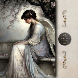 Pensive Blossom Angel Stone Bench Vintage Decoupag 薄葉紙