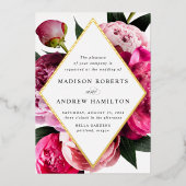 Peonies鮮やかダイヤモンドフローラフレ結婚ームの金ゴールド 箔招待状 (正面)