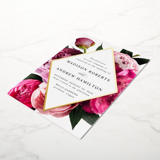 Peonies鮮やかダイヤモンドフローラフレ結婚ームの金ゴールド 箔招待状 (回転した状態)