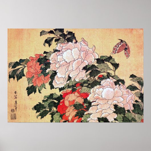 Peonies and Butterfly Hokusai ポスター (正面)