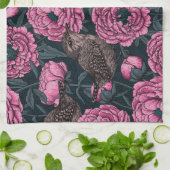 Peonies and wrens on dark gray キッチンタオル (折り畳み)