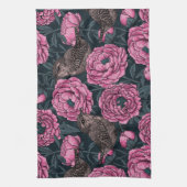 Peonies and wrens on dark gray キッチンタオル (縦)