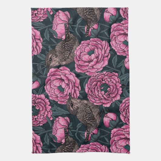 Peonies and wrens on dark gray キッチンタオル (縦)