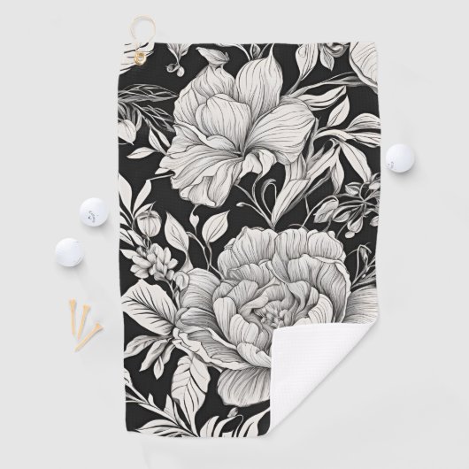 Peonies Black & White Vintage Pattern ゴルフタオル (インサイチュ)